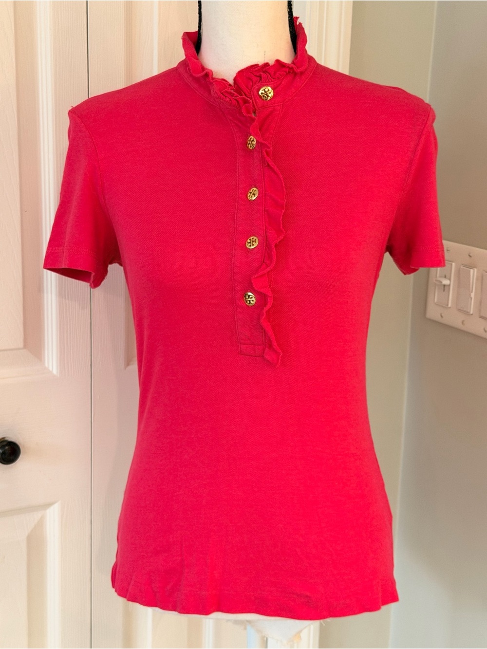 TORY BURCH Pink Slim Polo with Ruffle Collar and Gold Buttons Size-Small S